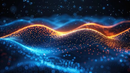 Aufkleber - Illustration of the future of data technology with a wave of bright particles. Rendering technology 3D landscape and big data visualization. Generative AI.