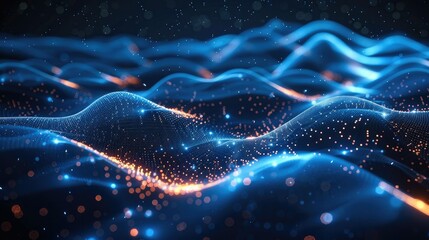 Aufkleber - Illustration of the future of data technology with a wave of bright particles. Rendering technology 3D landscape and big data visualization. Generative AI.