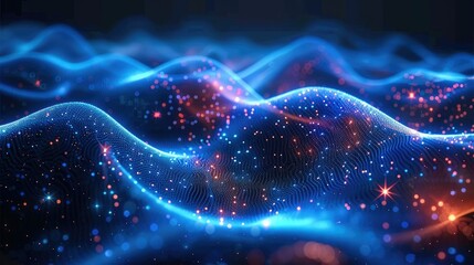 Aufkleber - Illustration of the future of data technology with a wave of bright particles. Rendering technology 3D landscape and big data visualization. Generative AI.