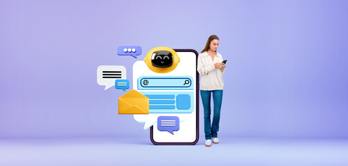 Poster - Young woman using smartphone and chat bot, technology and communication