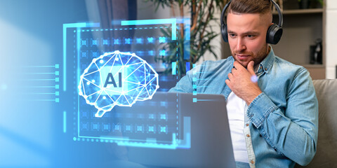 Poster - Man with laptop and AI brain interface