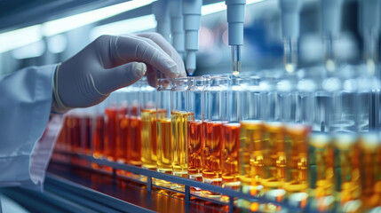 Poster - A row of medical test tubes in a modern laboratory, a doctors hand reaches for one of them. Generative AI.