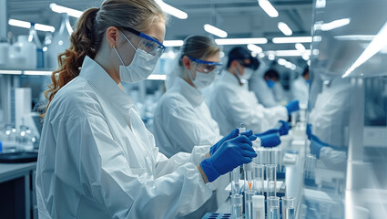 Poster - Engineers working on a high tech medical device in a clean and tidy laboratory. Generative AI.
