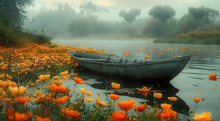 Poster - A boat is sitting by an orange flower filled river. Generative AI.