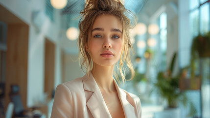 Aufkleber - A professional woman in a trendy color office suit standing confidently in her office. Generative AI.