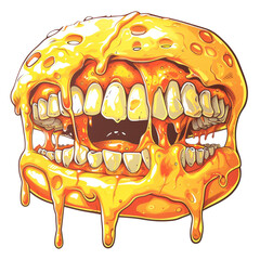 Cartoon burger with terrible teeth character mascot in vector illustration style for t-shirt and sticker print design, isolated background