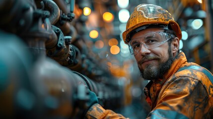 Poster - Construction pipe fitter working on a pipe in a refinery. Generative AI.
