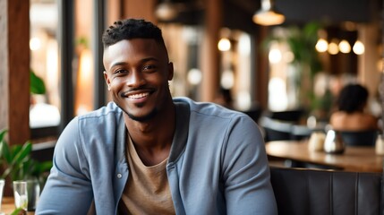 Attractive millenial black african model guy on cozy restaurant looking happy at camera from Generative AI