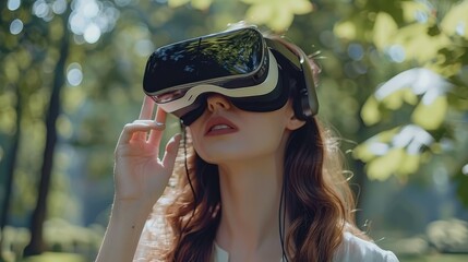 Poster - Young woman using a VR headset in the park outdoors during daytime, natural lighting. Generative AI.