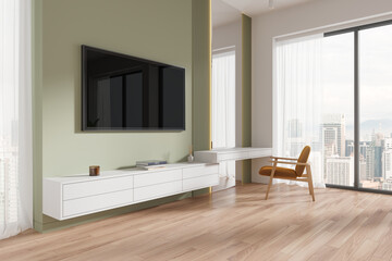 Home living room interior with beauty table, tv screen and panoramic window