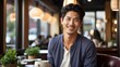 Attractive millenial japanese model guy on cozy restaurant looking happy at camera from Generative AI
