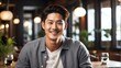 © Arceli - Attractive millenial korean model guy on cozy restaurant looking happy at camera from Generative AI