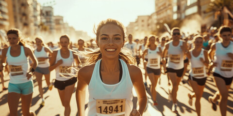 Canvas Print - Girl running a marathon, big crowd. Generative AI.