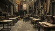les miserables, background setting for theater, workplace, sets of sewing machines on long tables together with fabric and needles and sewing tools, sewing factory, messy ground 