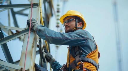 Aufkleber - Worker work on high altitude equipment in power transmission between towers. Generative AI.