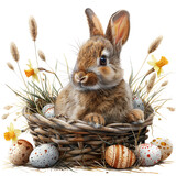 Fototapeta  - easter bunny and eggs in a basket isolated against transparent background