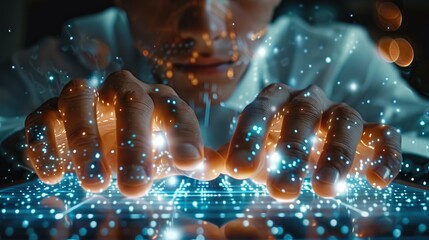 Poster - Businessman touching diagram hologram, business graph, business man touching on infographic hud panel with Artificial Intelligence on screen, technology concept. Generative AI.