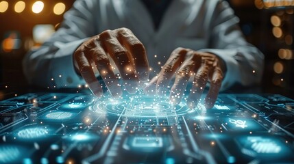 Poster - Businessman touching diagram hologram, business graph, business man touching on infographic hud panel with Artificial Intelligence on screen, technology concept. Generative AI.