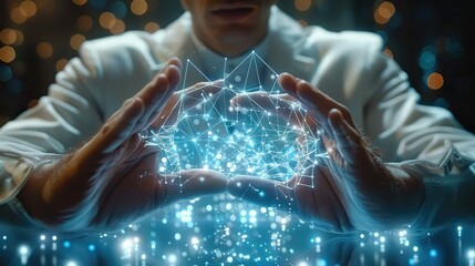 Poster - Businessman touching diagram hologram, business graph, business man touching on infographic hud panel with Artificial Intelligence on screen, technology concept. Generative AI.