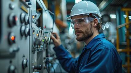 Poster - Electrical engineer stands with a sense of purpose in front of a control panel within a standard factory. Generative AI.