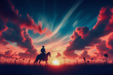 Fototapeta  - Silhouette of a horse and a rider against dramatic evening storm clouds, Cowboy rides into the sunset generative ai
