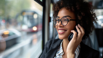 Smiling young woman in glasses on a call, city commute backdrop.