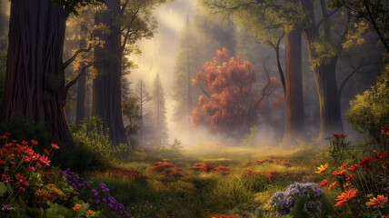  Beautiful colorful forest with flowers and lawn with fog in the junkle.
