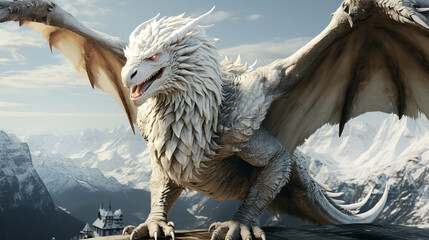 Wall Mural - Fantasy dragon stands on the top of the mountain on beautiful snowy mountains background.