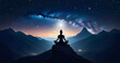 person silhouette sitting on the top of the mountain meditating or contemplating the starry night with Milky Way and Moon background yoga and meditation silhouette dreamy background 