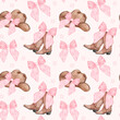 Coquette Cowgirl Hat and boots with pink bow Seamless Pattern. Feminie  Watercolor Western Chic repeating pattern.