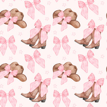 Coquette Cowgirl Hat And Boots With Pink Bow Seamless Pattern. Feminie  Watercolor Western Chic Repeating Pattern.