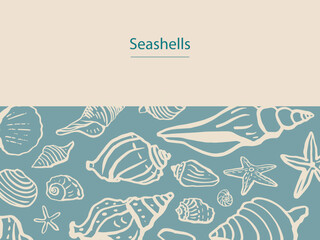 Wall Mural - Seashells vector set.. Blue colors. Hand drawn illustrations. Marine background. For invitations, greeting cards, posters, prints, banners, postcards.	