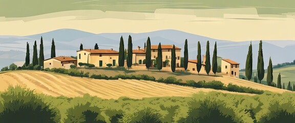 Wall Mural - A beautiful countryside with a large house and a lot of trees. The house is surrounded by a field of grass and the trees are tall and green. The scene is peaceful and serene