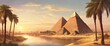 A beautiful painting of the pyramids of Giza with palm trees in the background. The painting captures the essence of the ancient Egyptian civilization and the majestic beauty of the pyramids. 