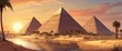 The Great Pyramids of Giza in Egypt, with the sun setting in the background. The scene is serene and peaceful, with palm trees lining the river and the pyramids towering in the distance