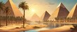 A beautiful landscape of the pyramids of Giza with a river running through it. The sun is setting, casting a warm glow over the scene