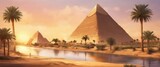 Fototapeta Sypialnia - A beautiful painting of the pyramids of Egypt with palm trees in the background. The painting captures the essence of the ancient civilization and the beauty of the landscape