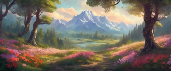 Wall Mural - A beautiful landscape with mountains in the background and a path through a field of flowers. Scene is peaceful and serene