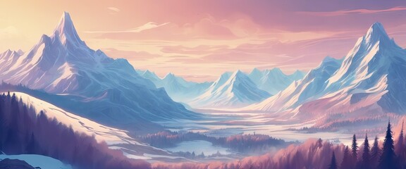 Wall Mural -  mountain range with a beautiful sunset in background. The mountains are covered in snow and  sky is filled with clouds. The scene is peaceful and serene, with the mountains towering over  landscape