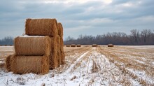 Pile Of Hay Bundles On Rural Field During Cold Season.