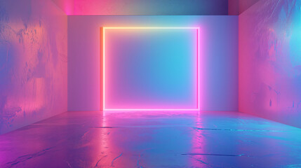 Wall Mural - neon portal illuminates a dark room, casting vibrant reflections on the floor, creating a surreal atmosphere