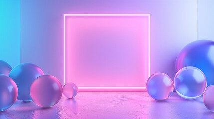 Wall Mural - neon-lit room with a pink neon glowing frame and scattered, shiny spheres reflecting the ambient light