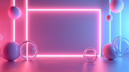 Wall Mural - neon-lit room with a pink neon glowing frame and scattered, shiny spheres reflecting the ambient light