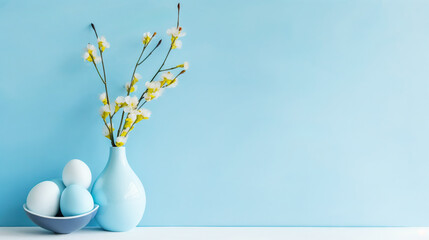 Elegant composition with vase with fresh spring branches with flowers and a bowl with eggs on light blue background.Created with AI.