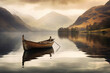 Beautiful calm and peaceful landscape image of lone boat on still lake at sunrise with mountains in background