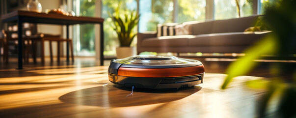 Poster - Autonomous robotic vacuum cleaner on polished wooden floor efficiently cleaning household surfaces in a modern home interior with warm sunlight streaming in