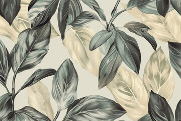 vintage botanical illustration of tropical leaves, boho style wallpaper