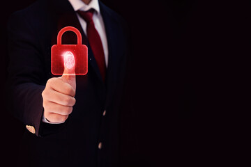 Poster - Secure Biometric Verification Concept with Red Glowing Lock and Thumb Print on it, technology backdrop. Empty Copy Space on the side of a person pressing Thumb on lock