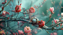 Snail On Flower Branches In Nature