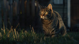 Fototapeta Zwierzęta - Tabby domestic shorthair cat standing on grass.